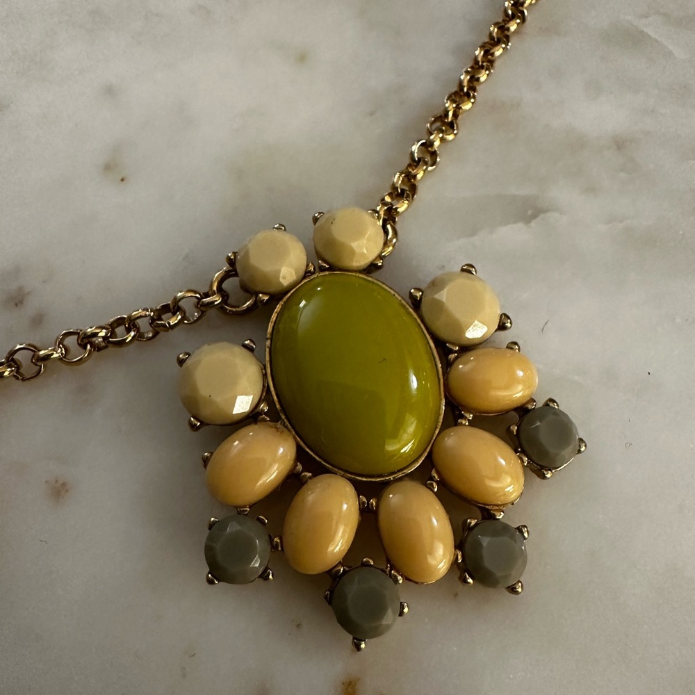 J Crew Green and Gold Floral Necklace with Olive Green Centerpiece